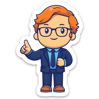 Professional economics channel mascot with shoulder-length wavy light brown hair, rectangular glasses, navy blazer, light blue shirt, empty hands, confident stance sticker