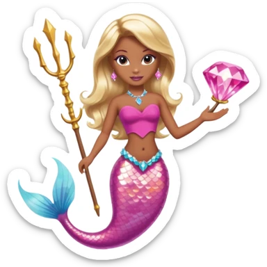 Brown skin blonde hair barbie mermaid with pink diamond tail and wand  sticker