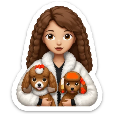 A girl with a long brown straight hair and wearing a fur white jacket holds a brown poodle sticker