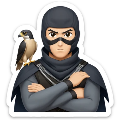 clash-of-clans-aesthetic_-cinematic-mysterious-male-ninja-portrait-emoji, rendered in a flat, vector-style with minimal shading and bold, simplified shapes, with a head slightly turned revealing intense, focused eyes. the ninja has his arm out and perched on top of it is  a peregrin falcon  sticker