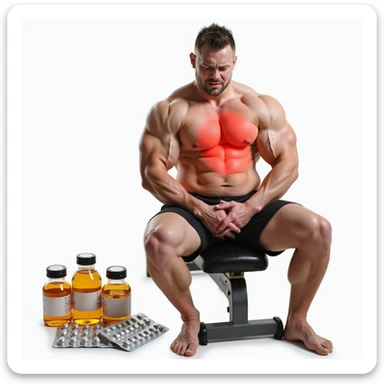 beginner bodybuilder with swollen but undefined muscles, sitting on a bench, with bottles and blister packs of oral steroids beside him, liver area highlighted in red, pained expression, isolated on white background sticker