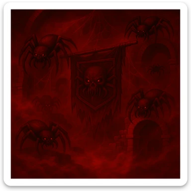 Change the color scheme to red and black with intense red fog and mist, creating an overall red horror palette. Keep all other details unchanged. sticker