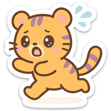 cartoonish tiger running away, looking scared, kawaii style sticker