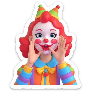 cartoon clown girl, hand raised to her mouth in a secret-sharing gesture, fun and animated style, vivid colors sticker