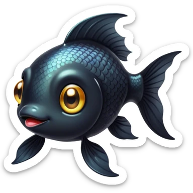 Cinematic Cute Black Goldfish Portrait Emoji, Head tilted playfully and inquisitively, featuring a glossy, deep black body with shimmering scales and round, sparkling golden eyes filled with curiosity, Simplified yet irresistibly adorable features, highly detailed, glowing with a warm, friendly glow, high shine, affectionate and lively, stylized with a touch of whimsy, bright and endearing, soft glowing outline, capturing the essence of a mischievous yet loving goldfish, so playful it feels like it could swim out of the screen and into your heart! sticker