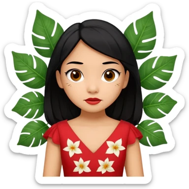 Lilo from Lilo & Stitch as an apple style emoji, simple facial expression, red dress with white leaf pattern, black hair sticker