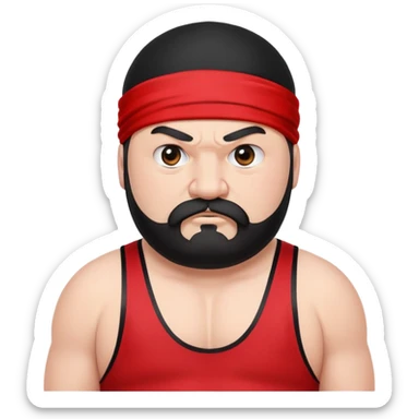 Close-up of extremely fat white skin guy with young face, prominent BLACK DURAG tied clearly on head, distinct black beard and mustache, no muscle, black eyes in a red and black wrestling singlet with angry face sticker