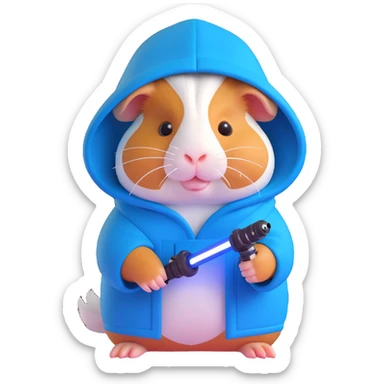 adorable guinea pig as a Jedi master, with a tiny hood and blue lightsaber sticker