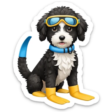 Black aussiedoodle dog wearing a swim snorkel and flippers  sticker