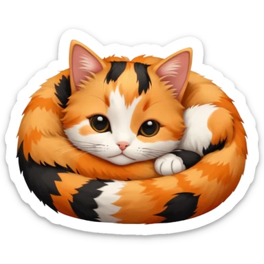 calico kitten curled up sleeping, simple and cute, round face, big eyes, minimal details, orange black and white calico pattern sticker