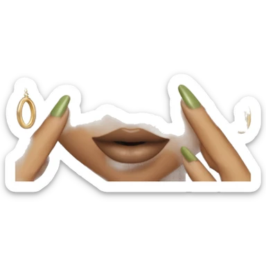 Glamorous, streetwear, black hair, long wavy hair, olive skin, green almond eyes, winged eyeliner with big lashes, wearing hooped earrings, rings and bracelets, almond fake nails sticker