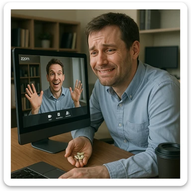 Man in his mid-30s, Zoom meeting, forced smile, hand under desk holding caffeine pills, screen reflection shows slouched posture, virtual avatar energetic, hyperrealistic 4K, office background sticker