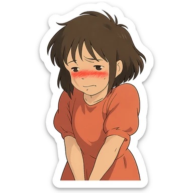 ghibli style character looking embarrassed, blushing, shy posture sticker