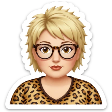  plus size white women dressed in leopard with short medium brown and blonde shaggy spiked hair wearing glasses with hazel color eyes and wide flat nose sticker