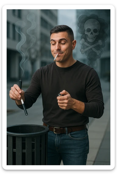 Adult man in casual clothes, inspired by the face in the reference photo, throwing an electronic cigarette into a trash bin while lighting a traditional cigarette with the other hand. Satisfied but unaware expression. In the background, light symbols of smoke and health damage manifesting from both cigarettes. Urban atmosphere, cold light, critical or reflective tone. Realistic style with symbolic accents. sticker