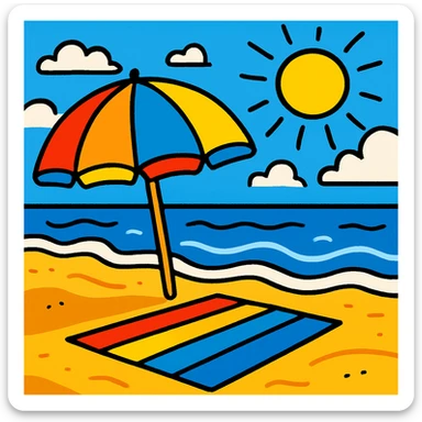 vacaciones en la playa, sombrilla, mar, sol, ambiente alegre, estilo cartoon colorido sticker