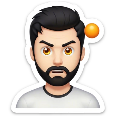 Hyped cartoon face, glowing eyes, punching ball nearby, trimmed beard, medium-length black hair, short sides, hair forward, bold. sticker