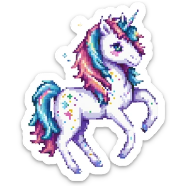 playful unicorn with sparkling mane pixel art sticker