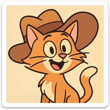 cartoon cat with a big floppy hat, playful and bright colors, cheerful and lively sticker
