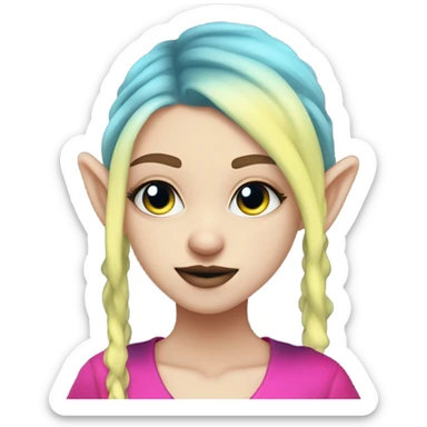 Blue eyed long eye lashes blonde  pale hime gyaru girl, hot pink and yellow split-dyed hair, nose ring, elf ears, dark makeup, punk clothes sticker