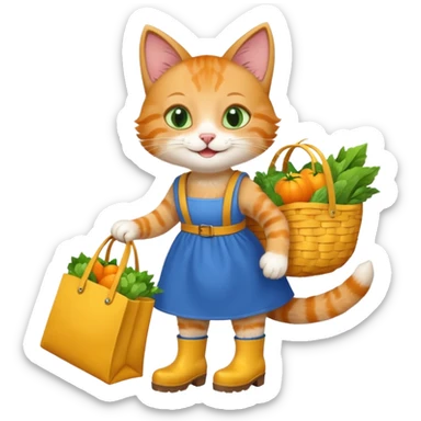smiling-cat-in-a-blue-dress,-yellow-boots,-carrying-a-market-bag sticker