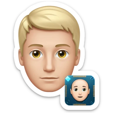 a man with a small AI chip next to him sticker