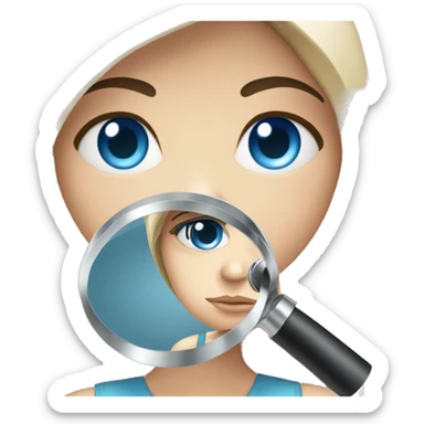 white girl with black hair and blue eyes holding a magnifying glass and suspicious look sticker