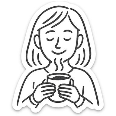 hand-drawn pen sketch emoji of a woman enjoying coffee, smiling softly, holding a steaming cup with both hands, minimal color or just black lines, simple casual style, relaxed cozy atmosphere, clear facial expression sticker