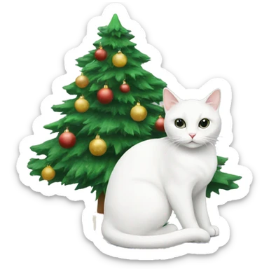 White cat sitting Christmas tree  sticker