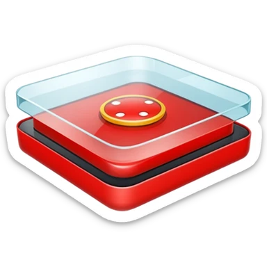 A big red round button under a square-shaped glass lid sticker