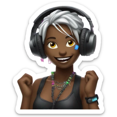 Crazy Raver Smile With headphones and make up making rock with the hands and a cyberpunk city in the background sticker