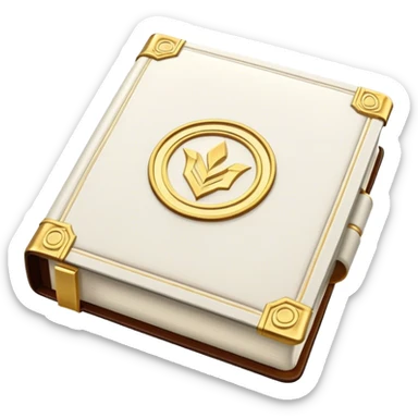 A white leather book with golden accents, smooth and polished, embossed with a symbol of six pillars, or a glowing mirror, radiating strength, confidence, and the power of self-worth.  sticker