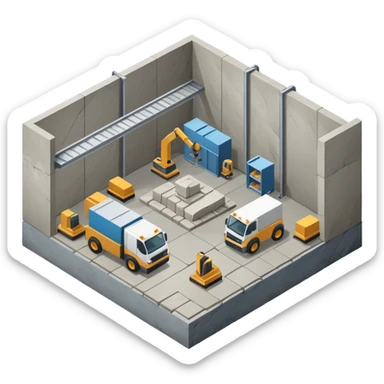modern stonemason workshop isometric view with warehouse contianing cnc machiens and large stoneslabs sticker