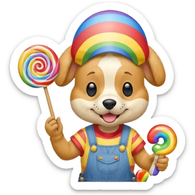 Generate a emoji of a dog with a comically large rainbow swirly lollipop with a goofy silly propeller hat, make the dog wear a striped bright yellow, red, and blue shirt with jean overalls sticker