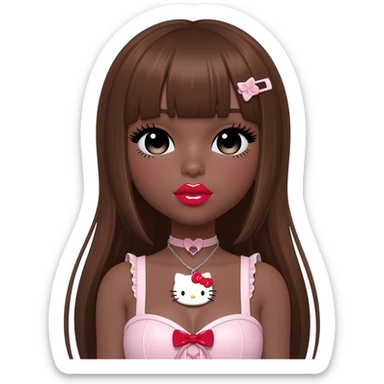 heart shaped lips, cute glossy lips, doll eyes with long lashes, dark brown skin, brown hair, big chest, hello kitty necklace, one bow clip, bimbocore outfit sticker