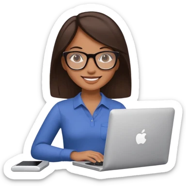woman with tan skin, chest-length straight dark-brown hair and glasses, smiling and holding mac computer sticker