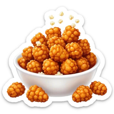 Korean Fried Chicken Cinematic Realistic Korean Fried Chicken Dish Emoji, depicted as bite-sized popcorn chicken pieces generously coated in a glossy, spicy sauce, rendered with crisp textures and dynamic, appetizing lighting. sticker