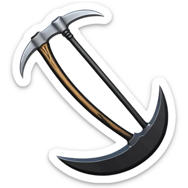 The scythe of the God of Death, a symbol of death, is long and straight, entirely in deep black. sticker