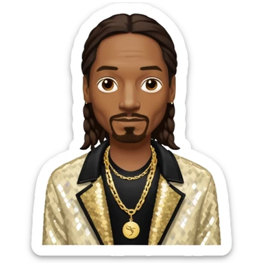 Snoop Dogg with long dark brown hair, ivory sequin jacket, black shirt with necklace sticker