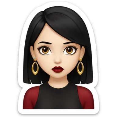 A light skinned girl with black hair, black eye, straight hair, big eyes, dark red lipstick, wearing black crop top and gold earrings, nosepiece  sticker