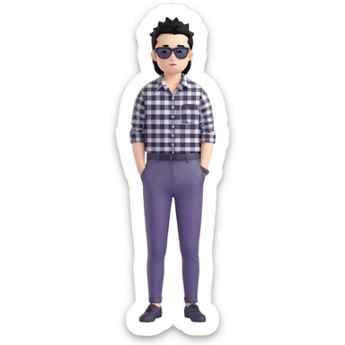 Satoru Gojo from Jujutsu Kaisen with spiky black hair, wearing black and white checkered shirt, black pants, confident expression, sunglasses on top of head sticker