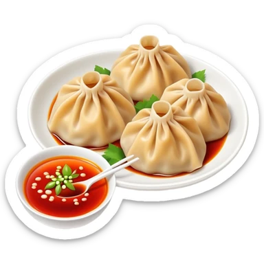 Chengdu Zhong dumplings with red oil sauce, simplified emoji style with bold outlines and bright colors, cartoon style Sichuan spicy water dumplings sticker
