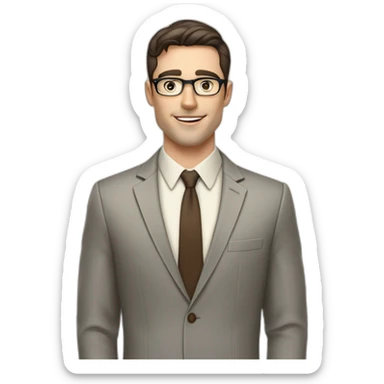 Pale skinned fit man with dark brown hair in gray jacket, beige office shirt, brown tie, brown pants and vintage glasses Writing text on a marker board sticker
