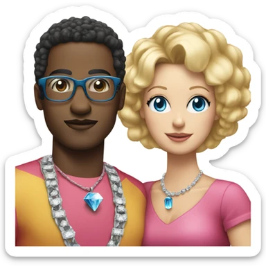 black man with black afro and glasses and wearing a red shirt standing next to a white woman with blonde hair with blue eyes wearing a pink dress and a big diamond necklace sticker