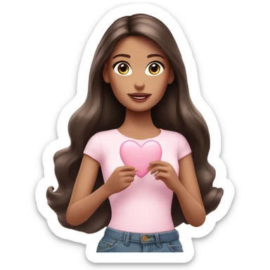 Brunette Barbie girl holding pale pink heart  sticker