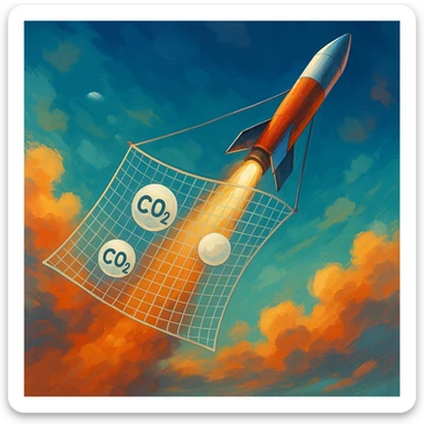 a rocket flying through the atmosphere, dragging a micronet behind it, the net is catching CO2 particles from the air, dynamic scene, vibrant colors, semi-realistic style sticker