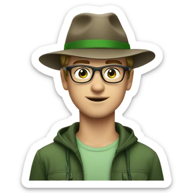 young white man with green eyes in hat and glasses sticker