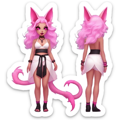 Full body female, succubus kitsune, neon pink eyes, vibrant pink hair, alabaster skin, fluffy black tails, pink tail tips, spiked choker, unique heritage, seductive charm, rebellious spirit, traditional kimonos, spiked anklets, and Barefoot 
 sticker