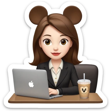 Women in front of one laptop that has a Mickey sticker on it, with a happy face, face a little fuller, lips plump, full eyebrows, long brown hair, light brown big eyes, light pale skin with a iced coffee on the side, business attire, who is typing sticker