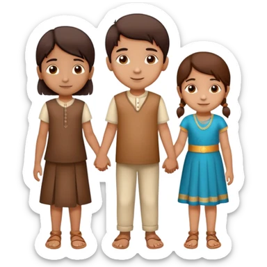 two Indian children (boy and girl) holding hands, boy lighter brown, girl medium brown, both age 5-6, simple background sticker